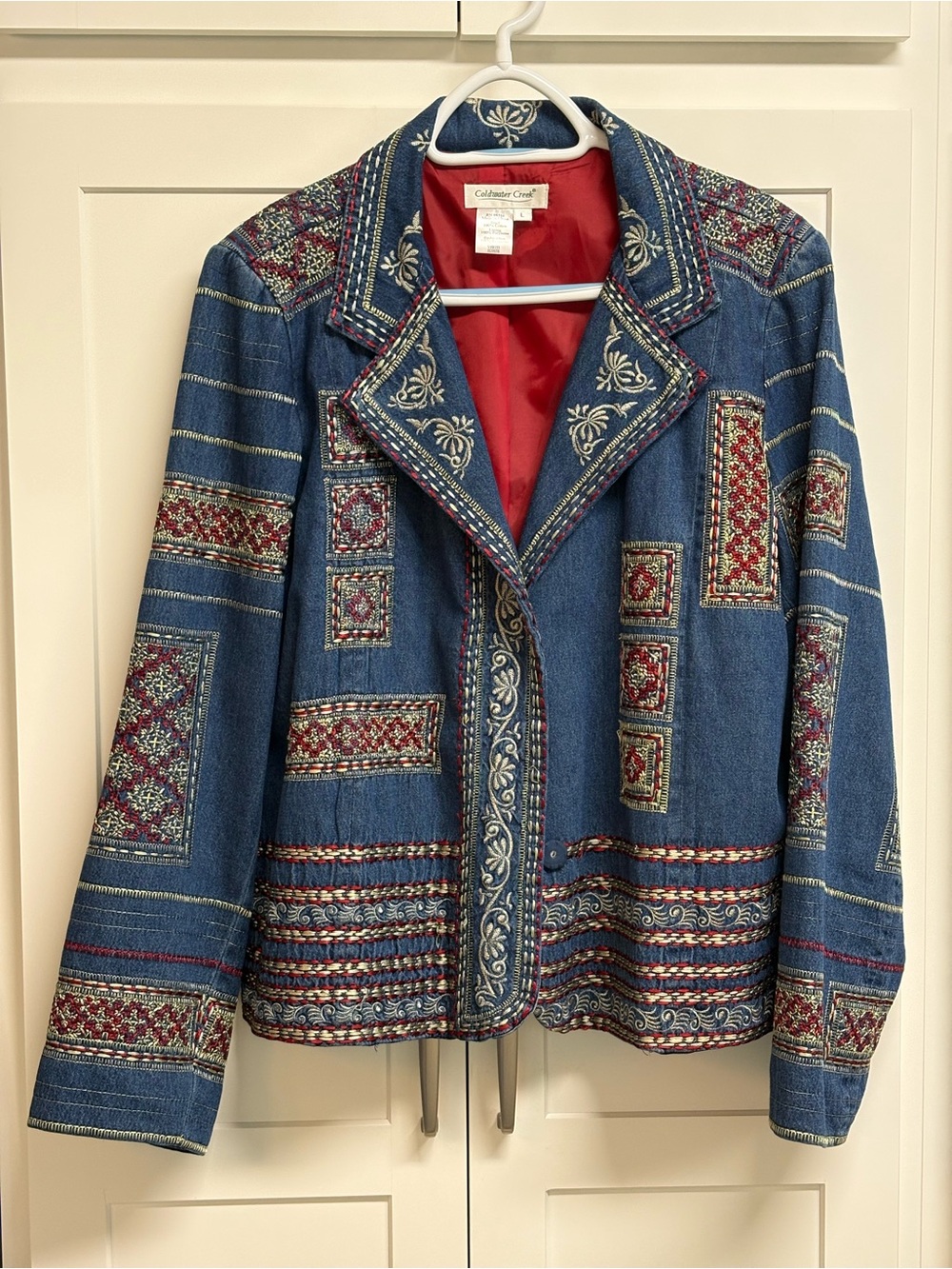 Christopher & Banks Blue Denim Jacket with Red Embroidery